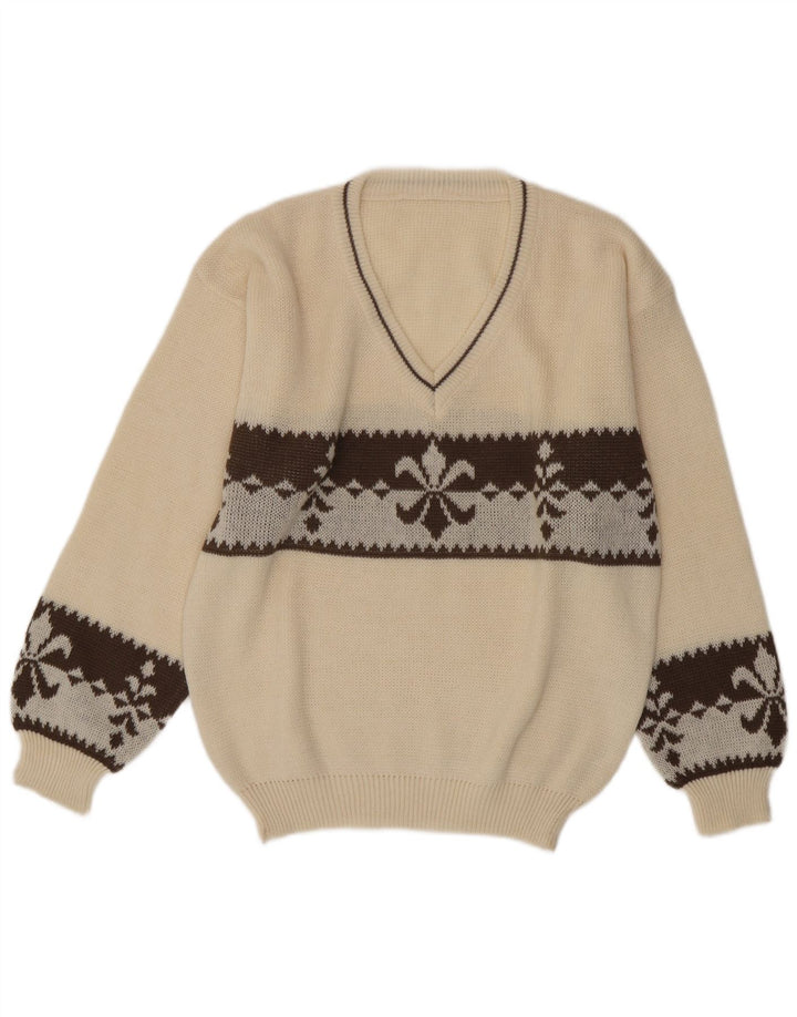 Vintage Herren Pullover mit V-Ausschnitt, groß, weiße Fair-Isle-Wolle