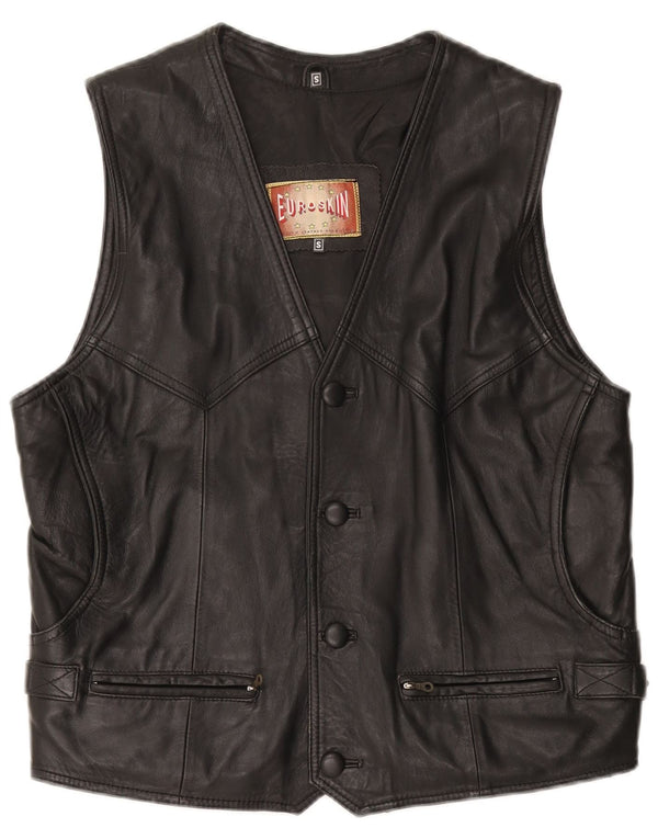 VINTAGE Mens Leather Waistcoat Small Black