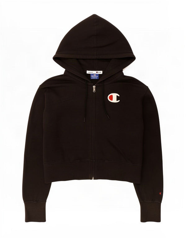 Champion Womens Crop Zip Hoodie Pullover UK 10 Small Schwarz Baumwolle