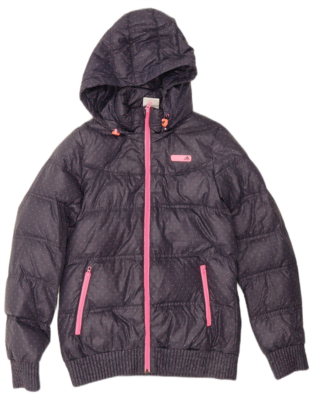 Adidas Damen-Kapuzenjacke, wattiert, UK 12, mittelmarineblau gepunktetes Polyester