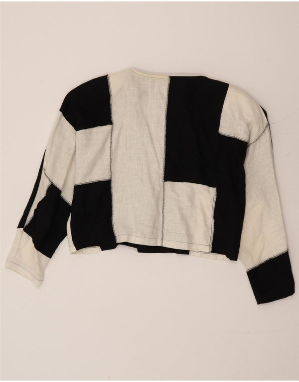 Vintage Damen Loose Fit Bolero Top UK 14 Mittelschwarzes Colourblock-Leinen