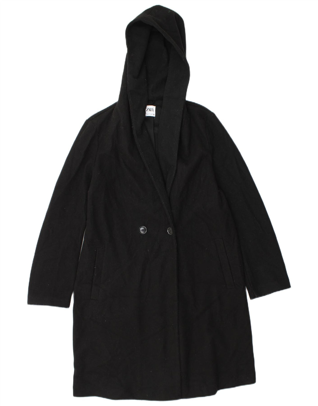 Übergroßer zweireihiger Mantel mit Kapuze von Zara für Damen, Gr. 10, Größe S, Schwarz