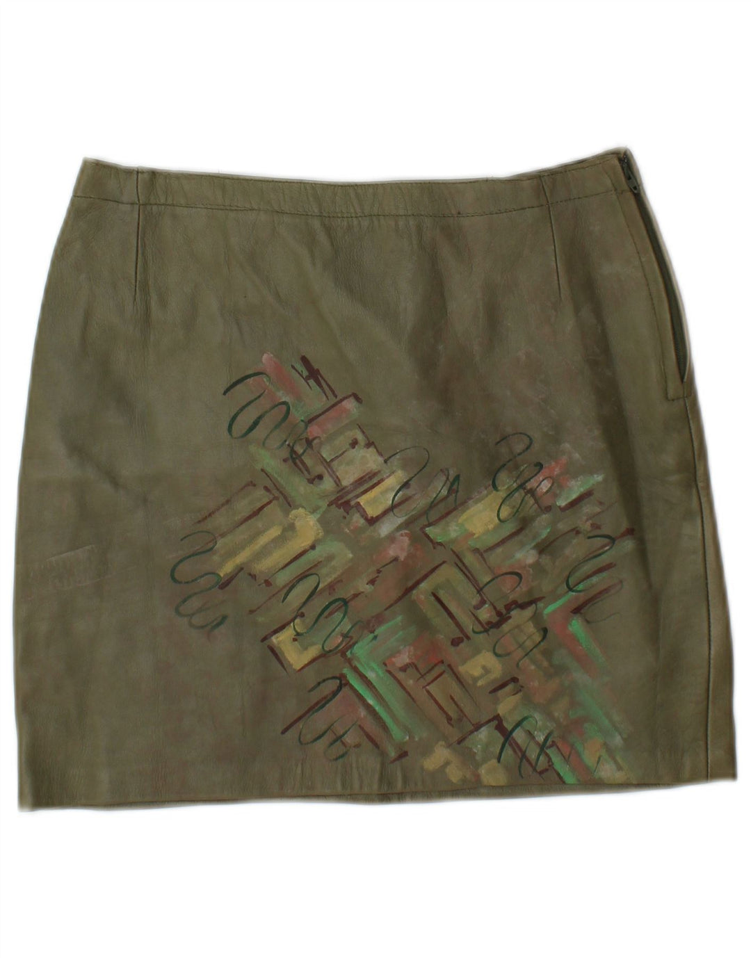 Vintage Damen Grafischer Mini-Lederrock W26 Small Khaki