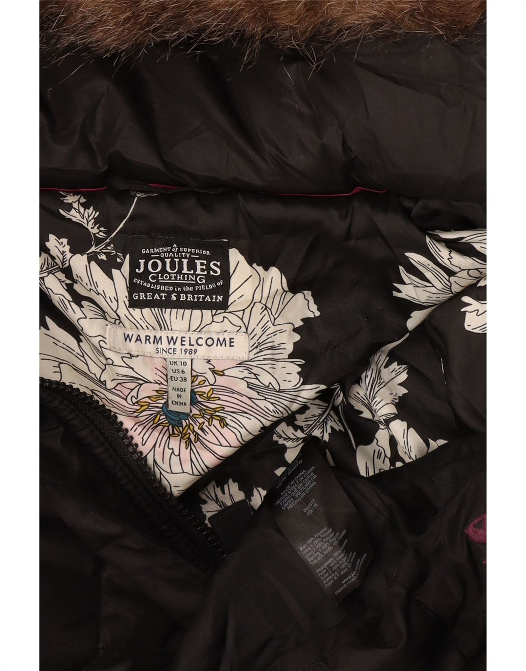Joules Womens Hooded Quilted Overcoat UK 10 Small Schwarz Polyester