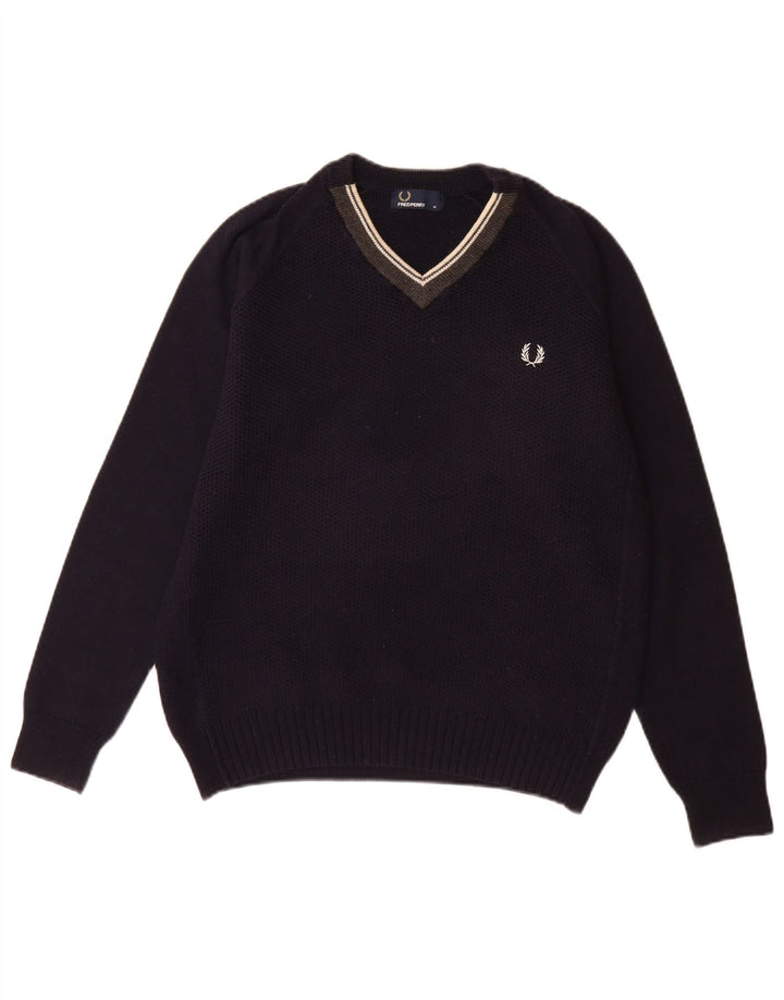 FRED PERRY Herren-Pullover mit V-Ausschnitt aus mittelblauer Wolle