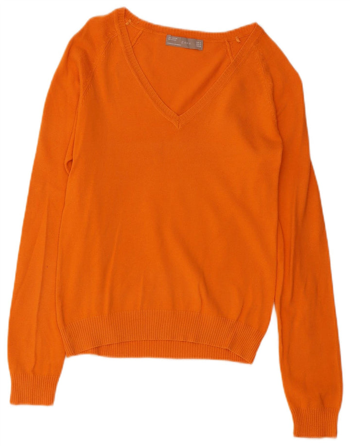 Zara Damen-Pullover mit V-Ausschnitt, UK 12, mittelorange Baumwolle