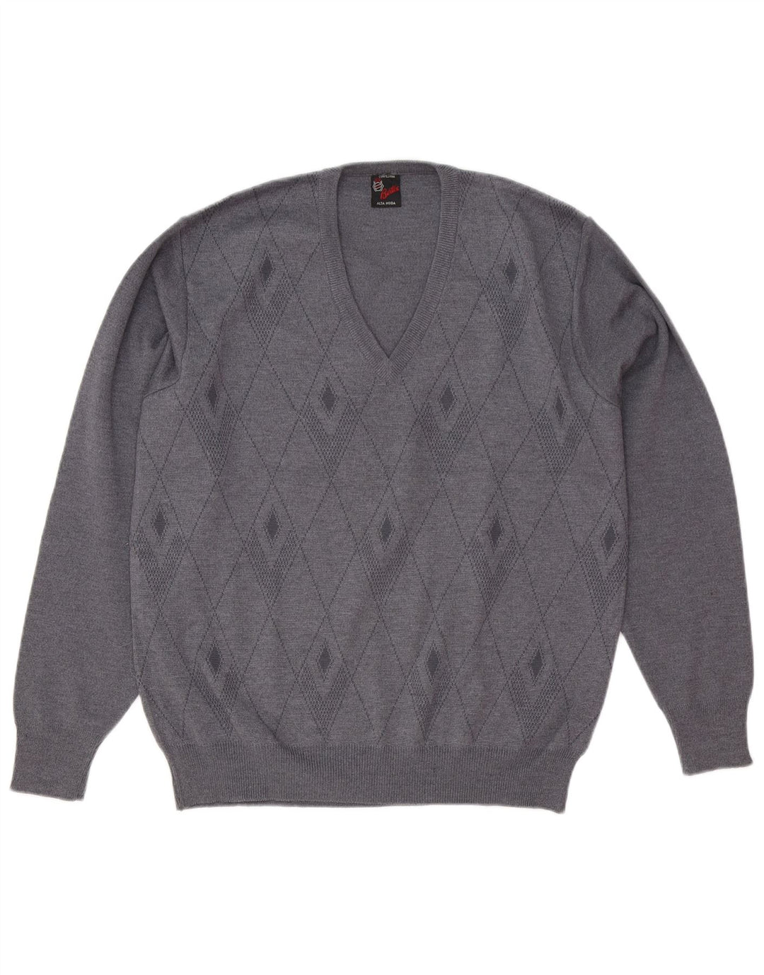 Vintage Herren V-Ausschnitt Pullover Pullover Mittelgrau Argyle/Diamond Wool