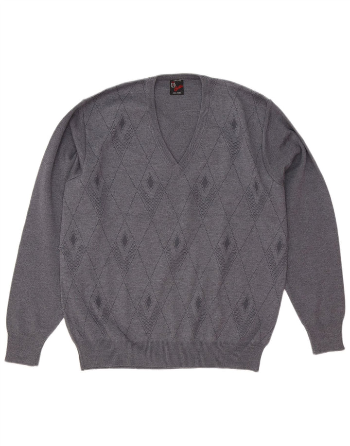 Vintage Herren V-Ausschnitt Pullover Pullover Mittelgrau Argyle/Diamond Wool