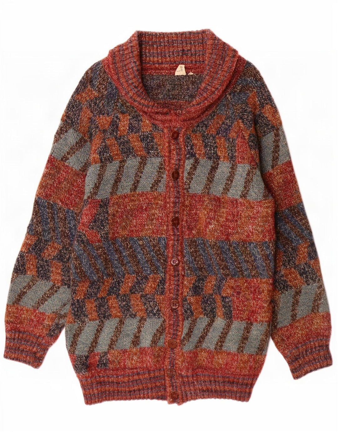 Vintage Herren Longline Cardigan Pullover Große bunte geometrische Wolle