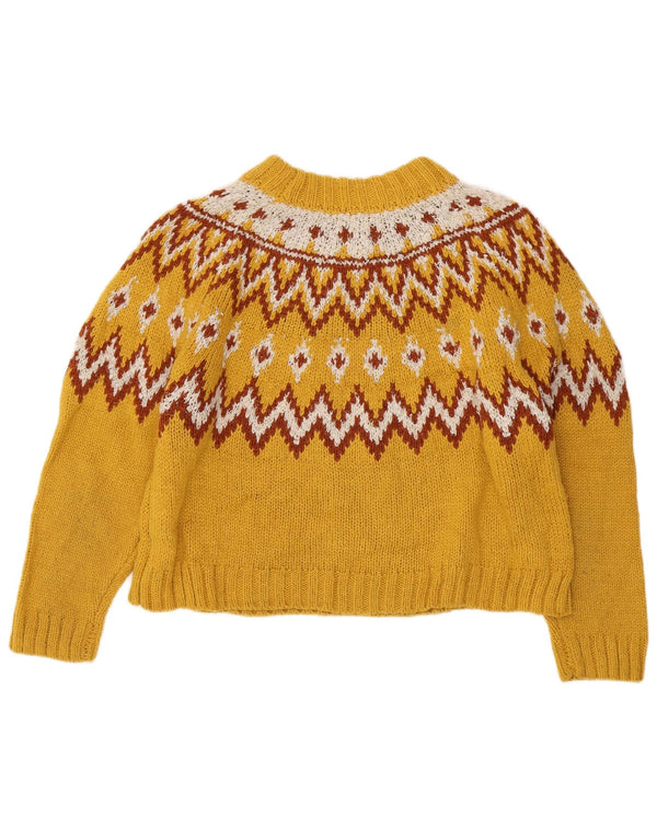 Topshop Womens Crop Crew Neck Pullover Pullover UK 14 Large Yellow Fair Isle