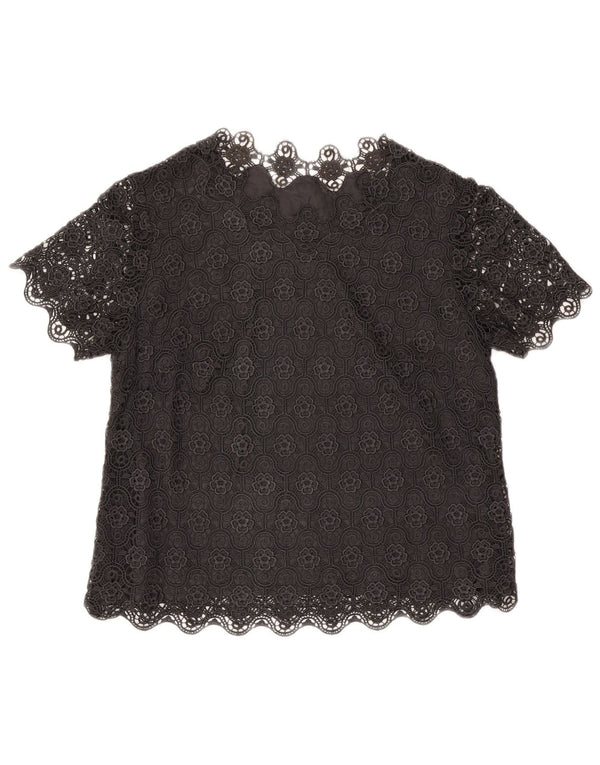 Vintage Damen Bluse Top UK 14 Großes Schwarz geblümt