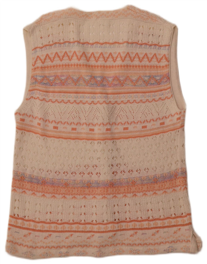 VINTAGE Ärmelloser Damen-Cardigan-Pullover UK 14 Mittelweiß Geometrisch