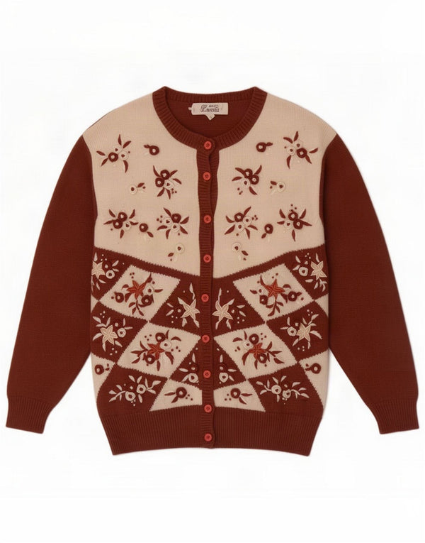 Vintage Womens Cardigan Sweater UK 14 Large Brown Patchwork Acrylic