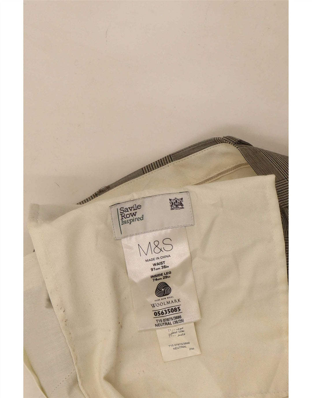 Gerade Herren-Anzughose von Marks & Spencer, W36, L29, beige karierte Wolle