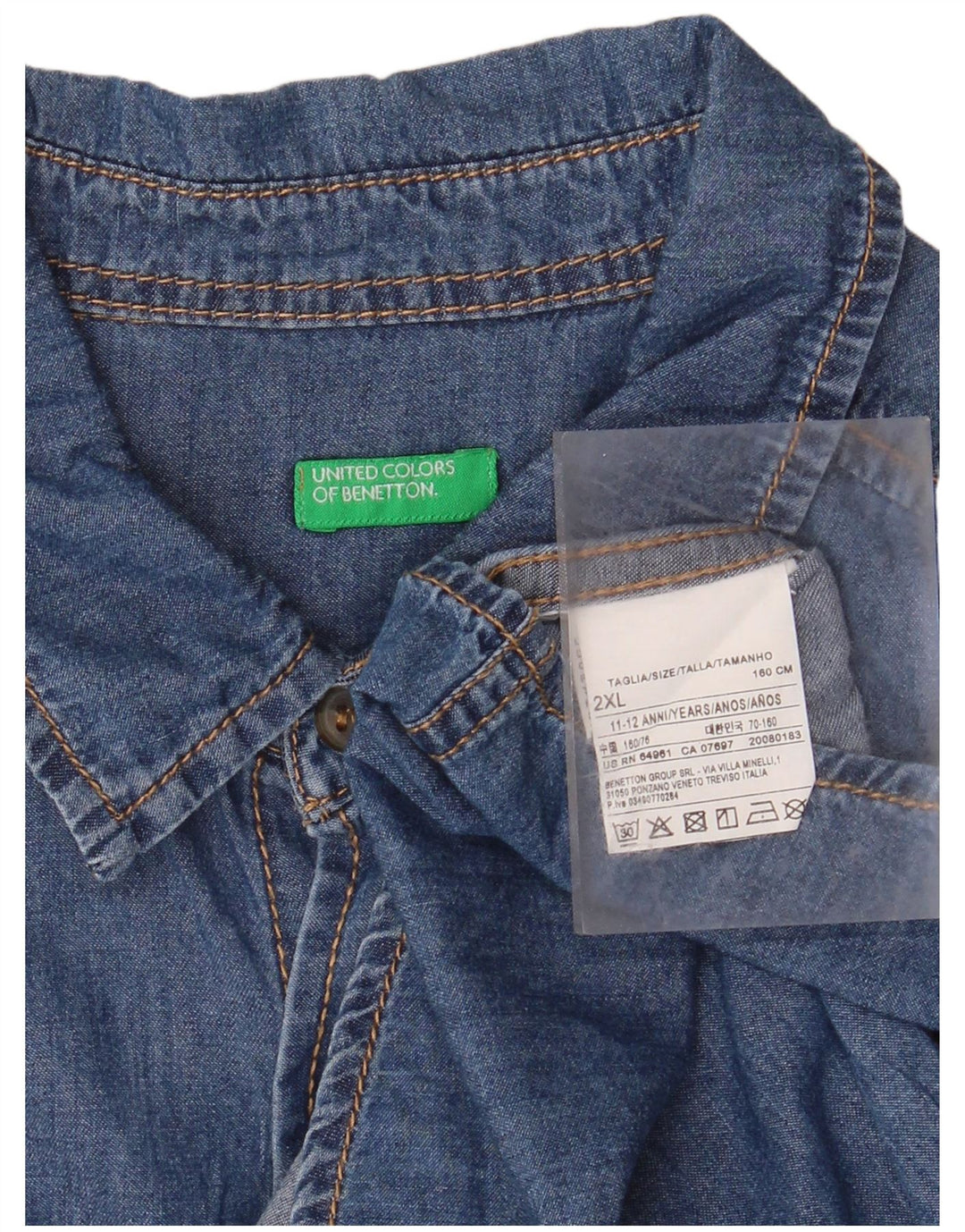BENETTON Jeanshemd für Jungen, 11–12 Jahre, 2XL, blaue Baumwolle