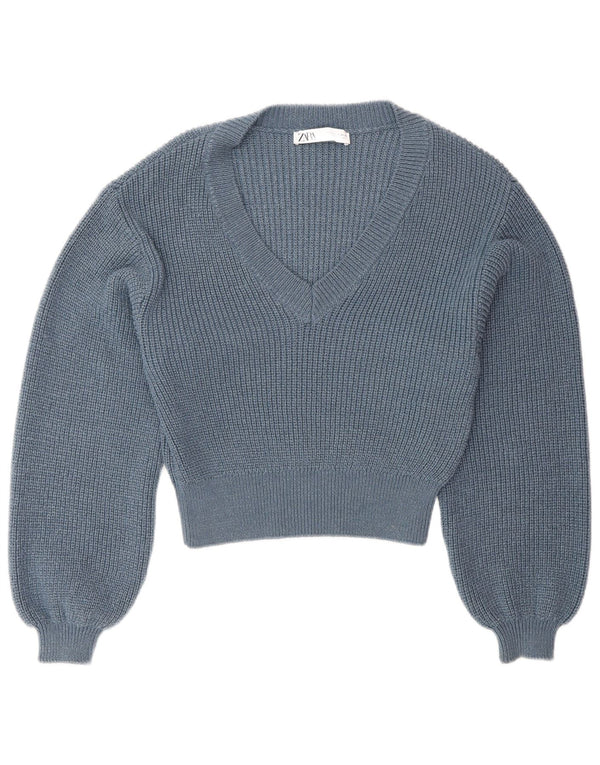 Zara Damen Crop V-Ausschnitt Pullover Pullover UK 12 Mittelblaue Baumwolle