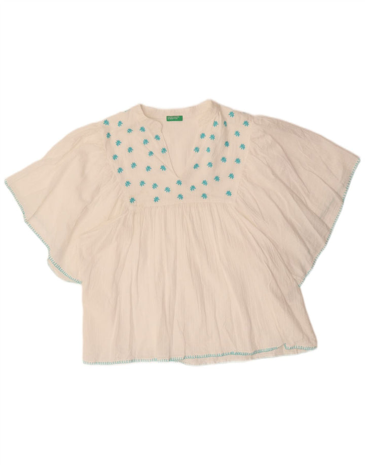 Benetton Damen-Blusenoberteil mit Fledermausärmeln, UK-Größe 44, mittelweiß, geblümt, Baumwolle