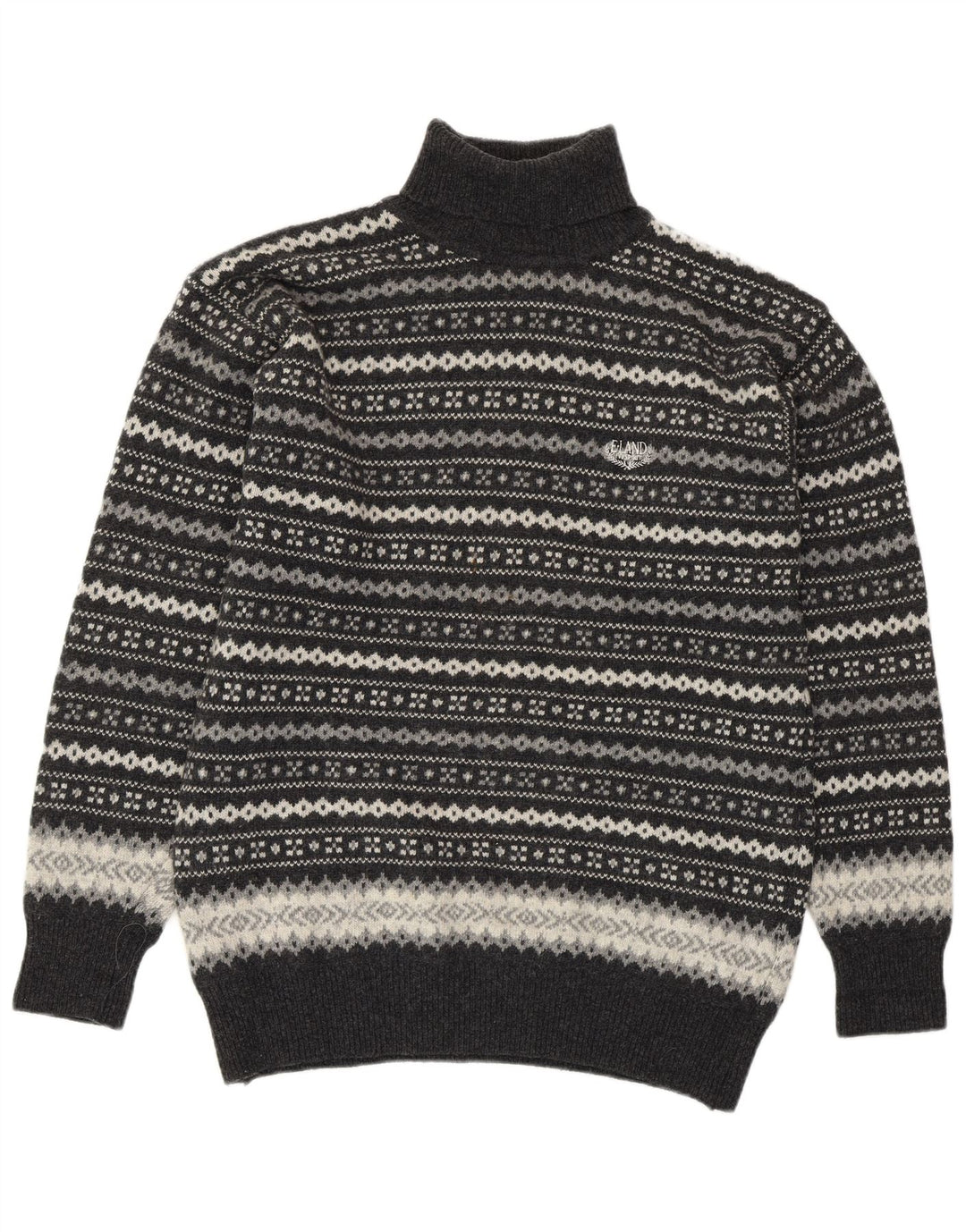 VINTAGE Rollkragenpullover für Damen, UK 16, große graue Fair-Isle-Wolle