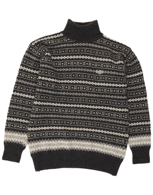 VINTAGE Rollkragenpullover für Damen, UK 16, große graue Fair-Isle-Wolle