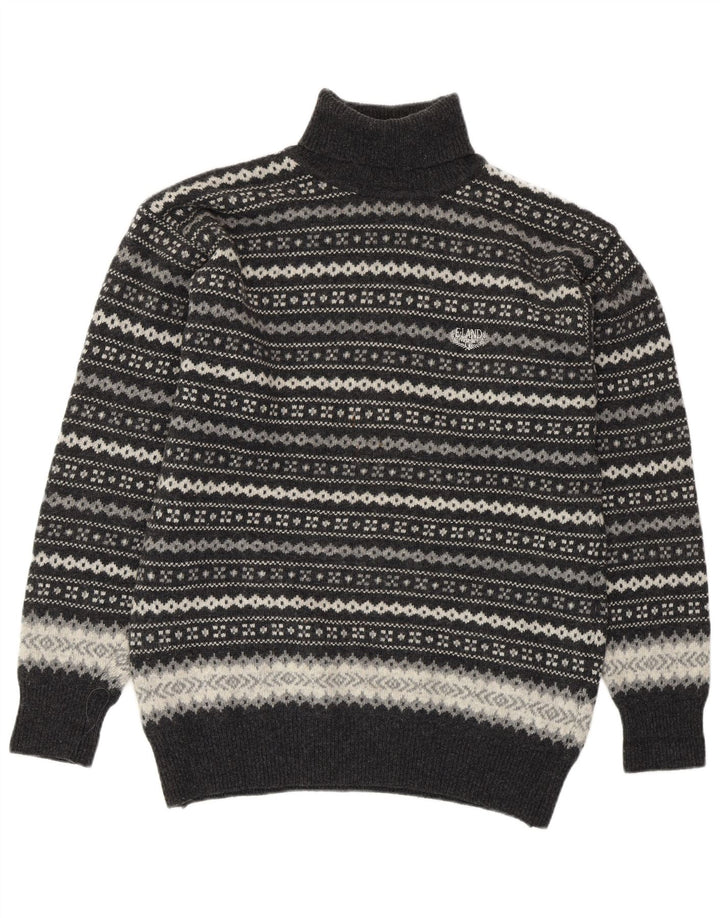 VINTAGE Rollkragenpullover für Damen, UK 16, große graue Fair-Isle-Wolle