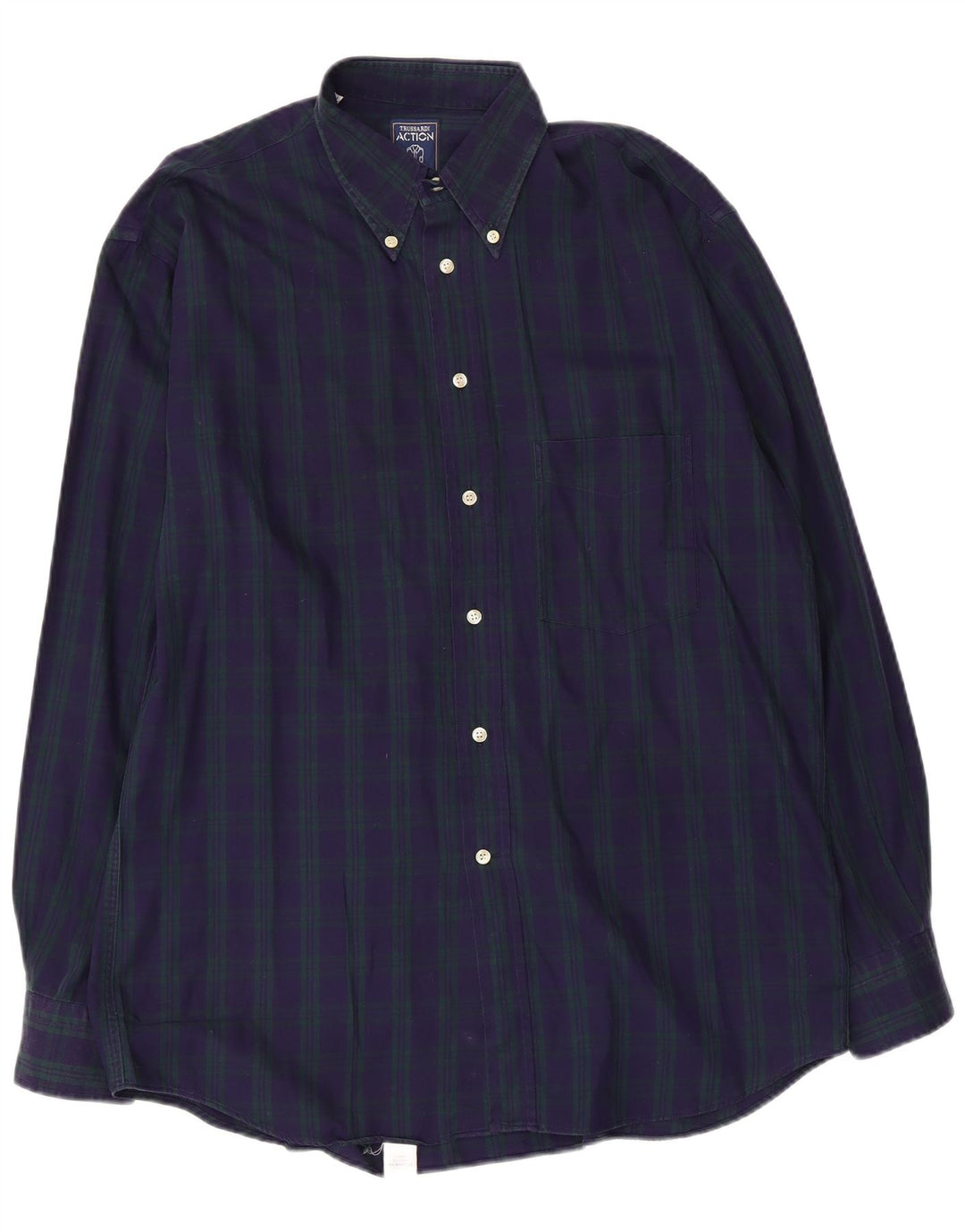 Trussardi Herren-Flanellhemd, Größe 41, groß, marineblau, kariert, Baumwolle