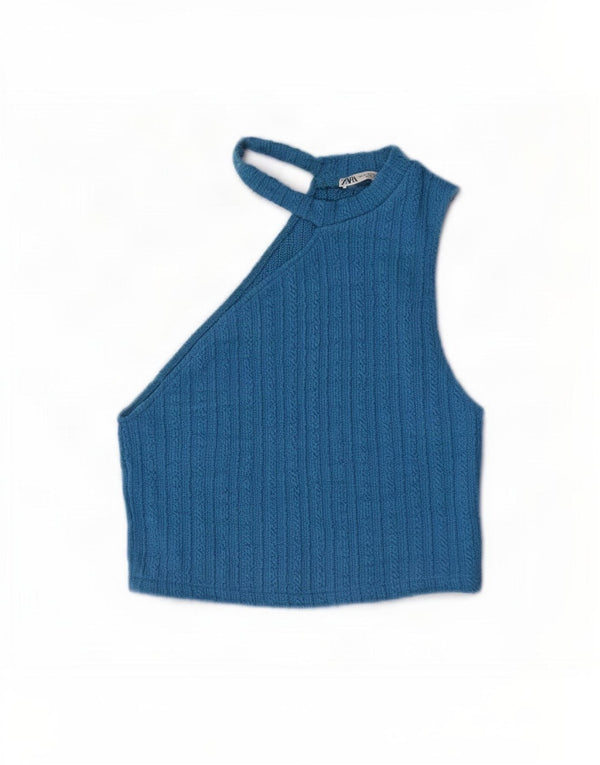 Zara Womens Knit Crop Off Shoulder Top UK 12 Medium Blue