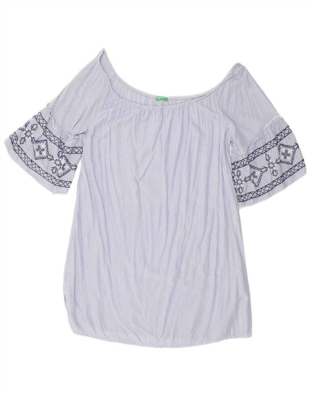 BENETTON Womens Off Shoulder Tunic Top UK 10 Small Blue Striped Viscose