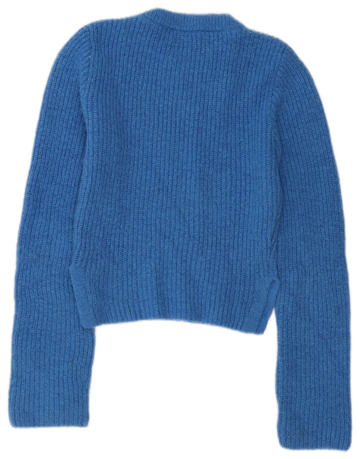 Zara Damen Crop Crew Neck Pullover Pullover UK 12 Mittelblaues Polyester
