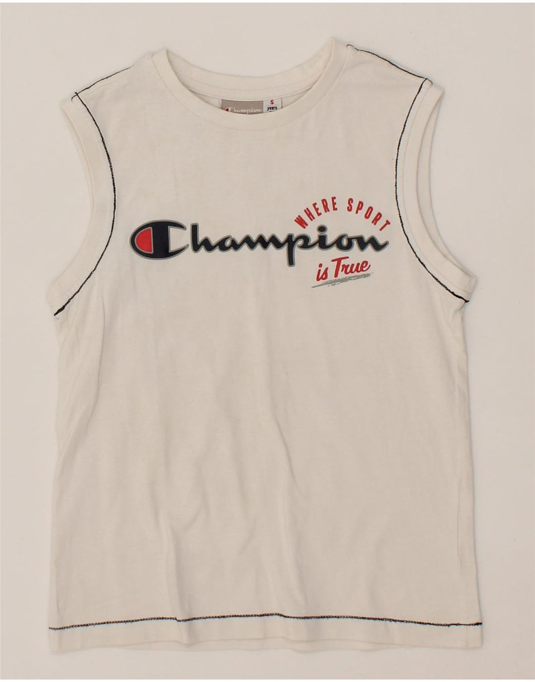 CHAMPION Boys Graphic Vest Top 7-8 Years Small White Vintage Champion and Second-Hand Champion from Messina Hembry 
