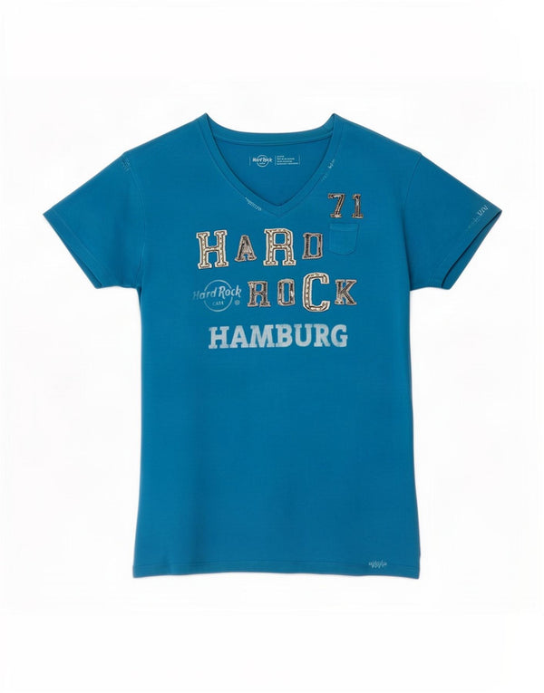 Hard Rock Cafe Damen Hamburg Graphic T-Shirt Top UK 14 Large Blau Baumwolle