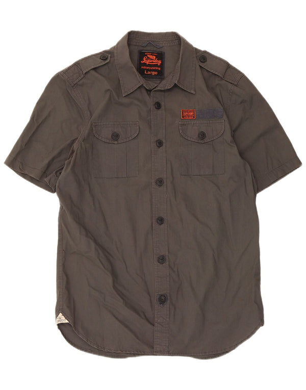 Superdry Herren-Kurzarm-Militärhemd aus grauer Baumwolle