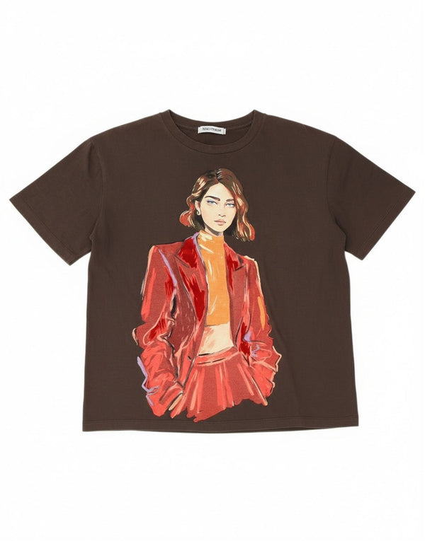 Zara Damen Loose Fit Graphic T-Shirt Top UK 10 Small Braun