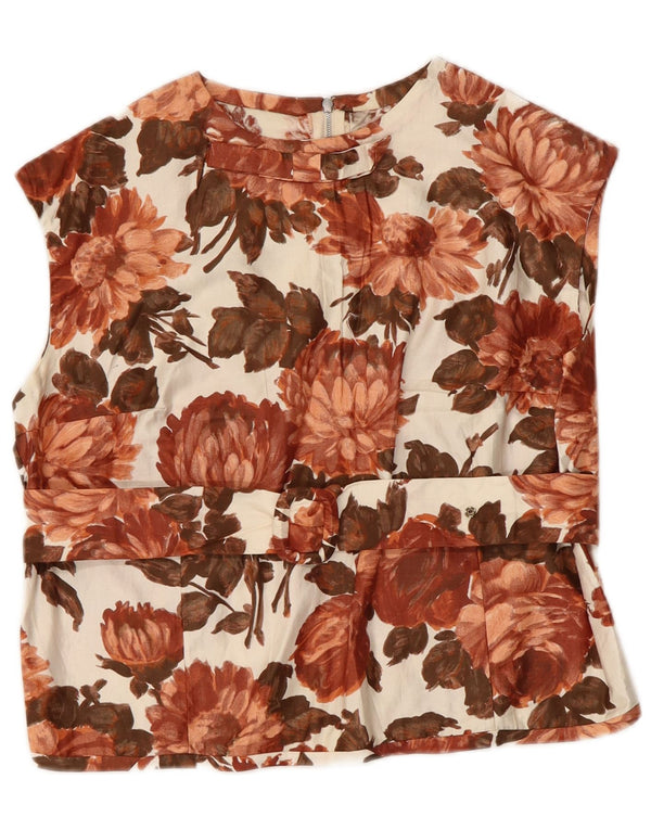 VINTAGE Womens Crop Sleeveless Blouse Top UK 14 Medium Brown Floral