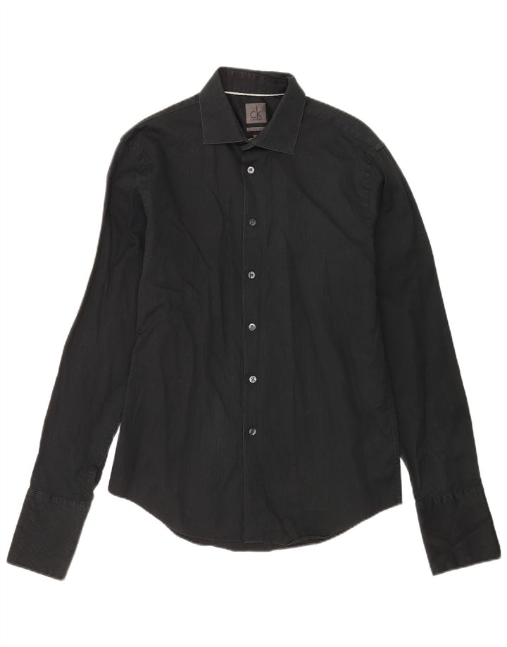 Calvin Klein Herren-Formalhemd, Größe 39, 15 1/2, mittelgroß, schwarzer Nadelstreifen