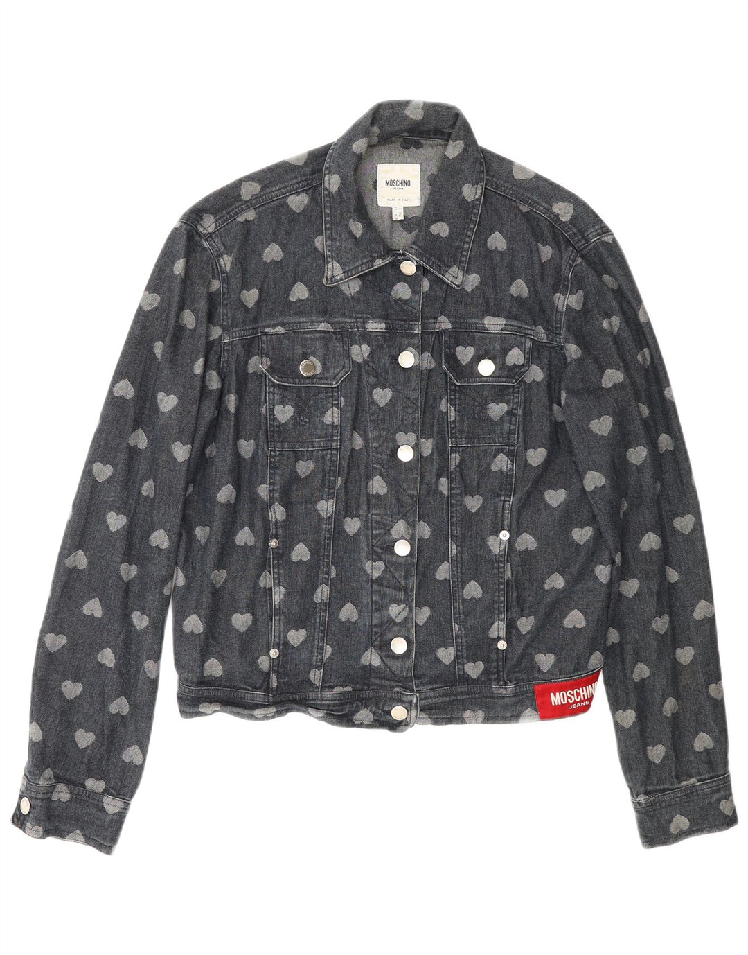 Gemusterte Jeansjacke für Damen von Moschino, UK 12, mittleres marineblaues Baumwollherz