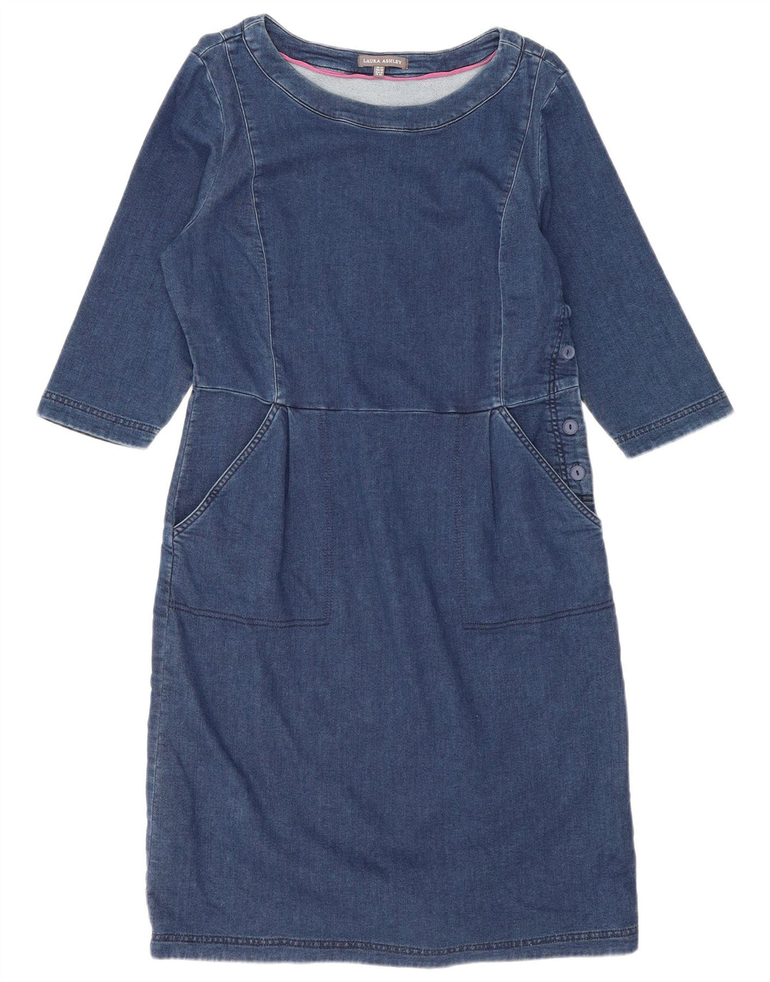Laura Ashley Damen-Basic-Kleid mit 3/4-Ärmeln, UK-Größe 44, Größe L, Blau, Baumwolle