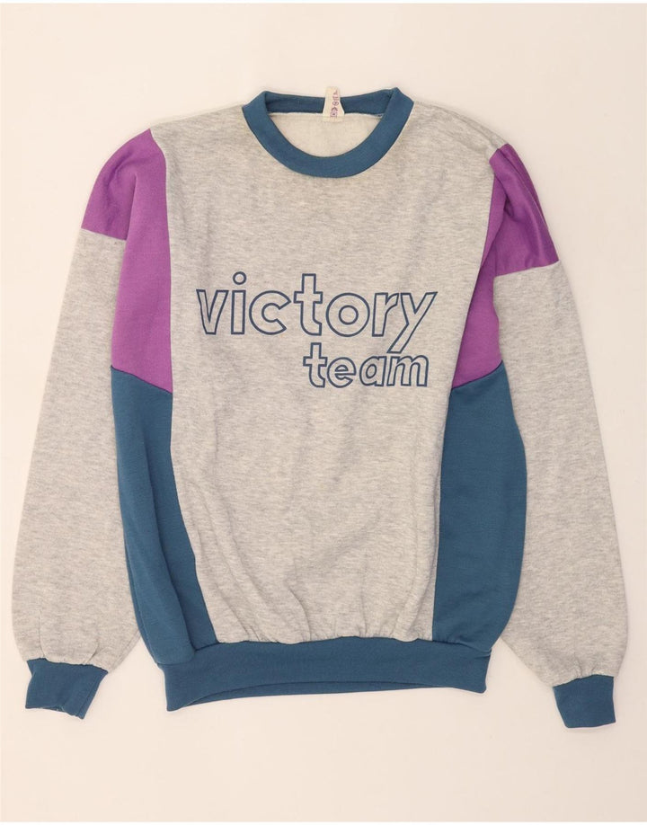 VICTORY Mens Graphic Sweatshirt Jumper Large Grey Colourblock Polyester Vintage Victory and Second-Hand Victory from Messina Hembry 