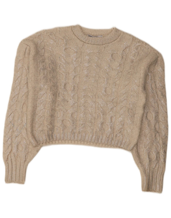 Zara Damen Crop Crew Neck Pullover Pullover UK 14 Medium Beige