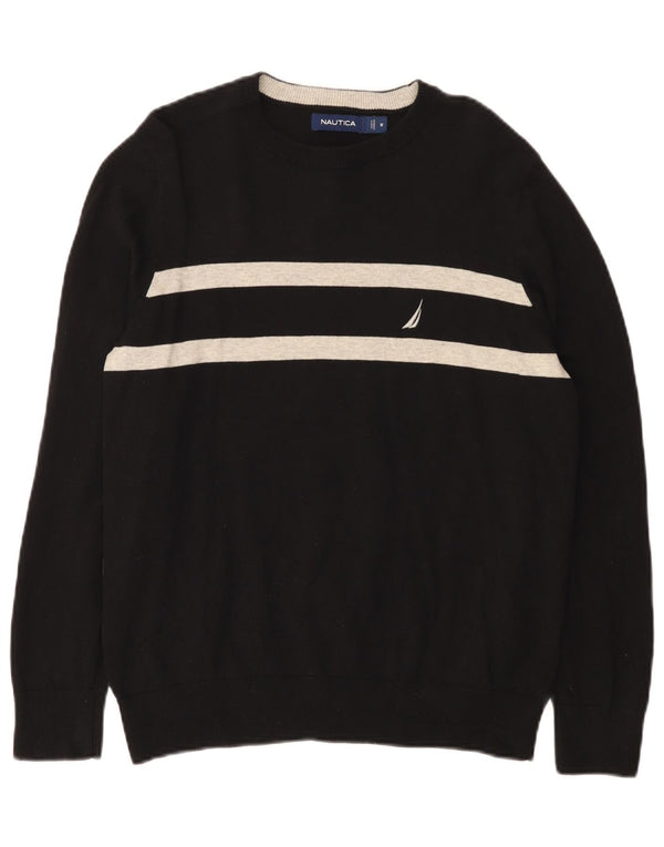 Nautica Mens Crew Neck Jumper Sweater Medium Black Striped Cotton