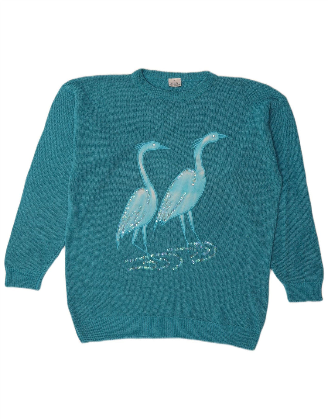 Vintage-Damenpullover mit Grafik, übergroß, U-Boot-Ausschnitt, Gr. 14, Mittelblau