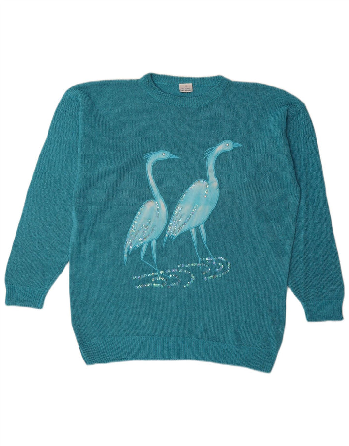 Vintage-Damenpullover mit Grafik, übergroß, U-Boot-Ausschnitt, Gr. 14, Mittelblau