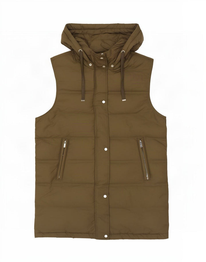 Zara Womens Longline Hooded Wattierte Weste UK 14 Medium Khaki Polyester