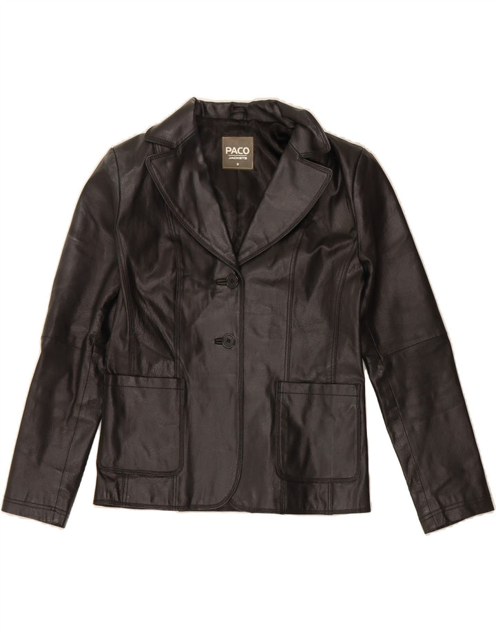 PACO Womens 2 Button Leather Blazer Jacket UK 10 Small Black Leather Vintage Paco and Second-Hand Paco from Messina Hembry 