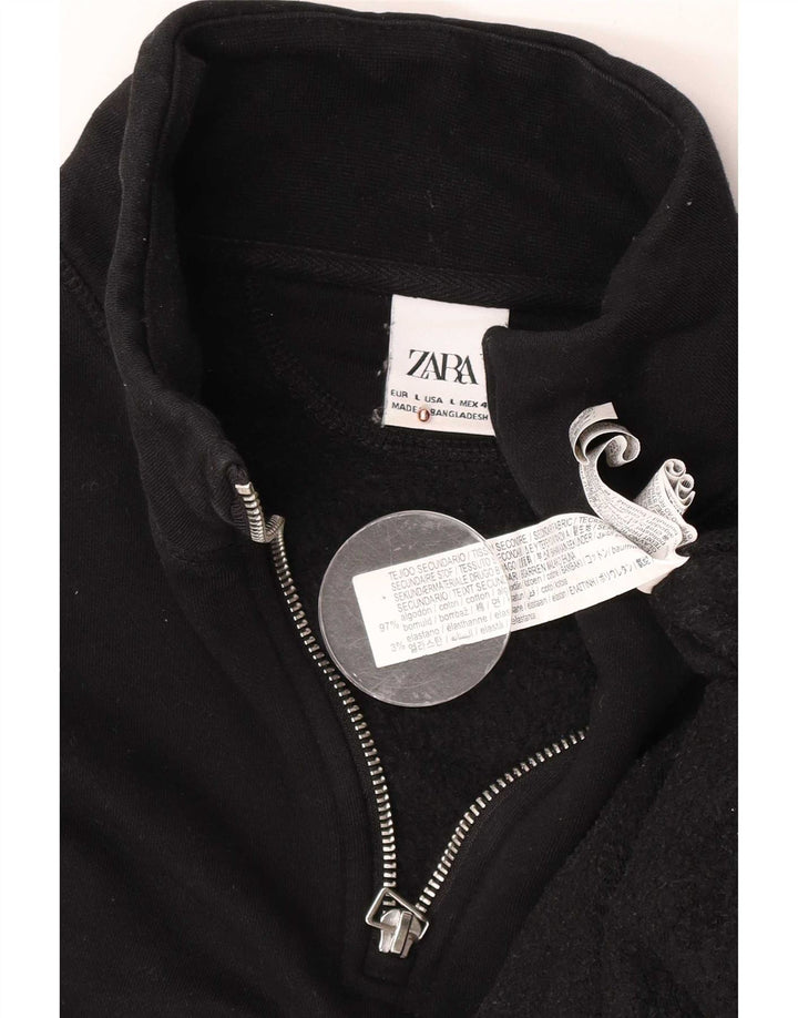 Zara Herren-Sweatshirt mit Reißverschluss am Hals, groß, aus schwarzer Baumwolle