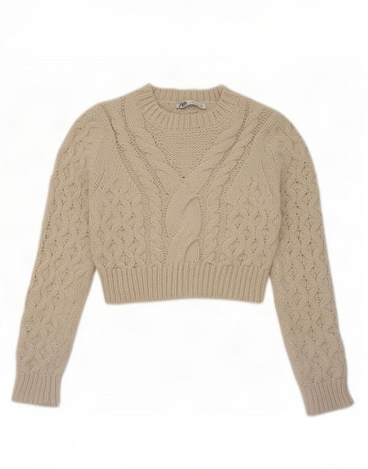 Zara Damen Crop Crew Neck Pullover Pullover UK 12 Medium Beige Polyester