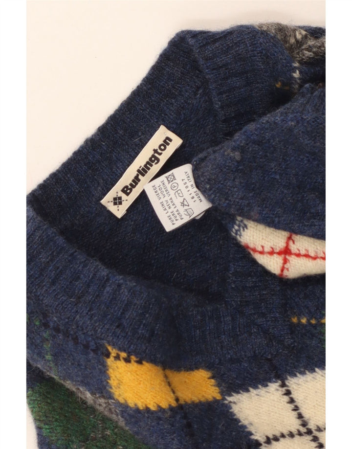 Burlington Herren-Pullover mit V-Ausschnitt, mittelblaue Argyle/Diamant-Schurwolle