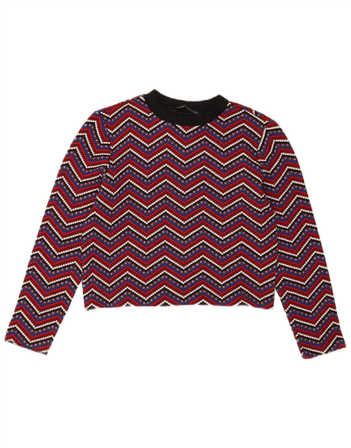 Zara Damen Crop Top Langarm UK 12 Medium Mehrfarbig Chevron