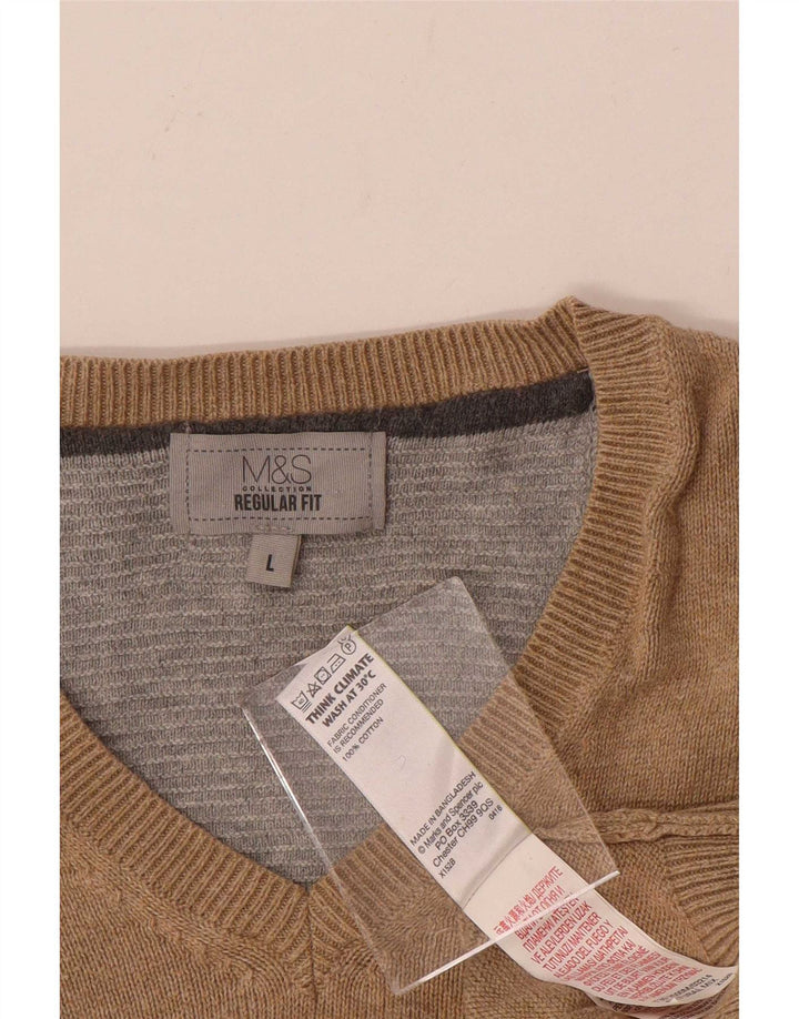 Marks & Spencer Herren-Pullover, reguläre Passform, V-Ausschnitt, groß, beige Baumwolle
