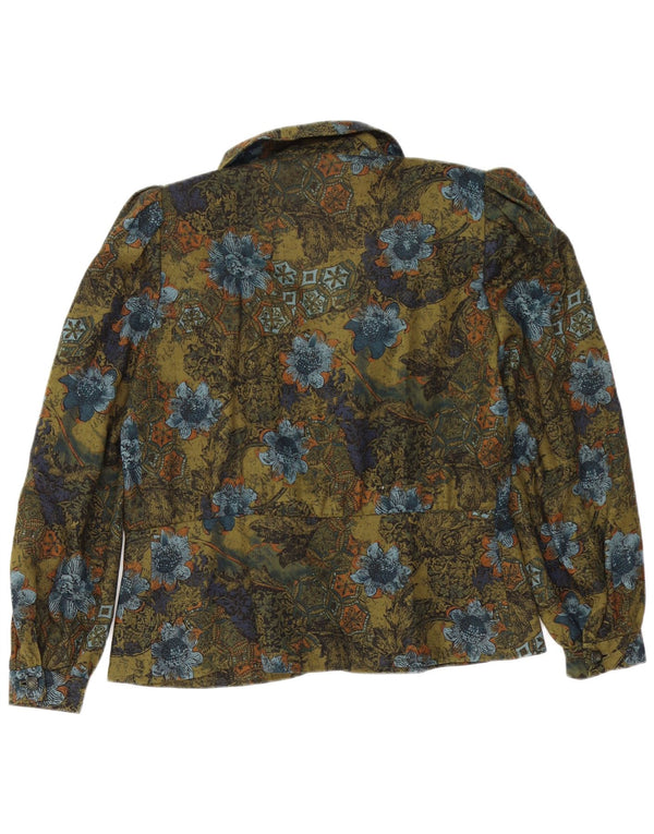 Vintage Damen Langarm-Cardigan-Top UK 14 Großes grünes Blumen-Retro