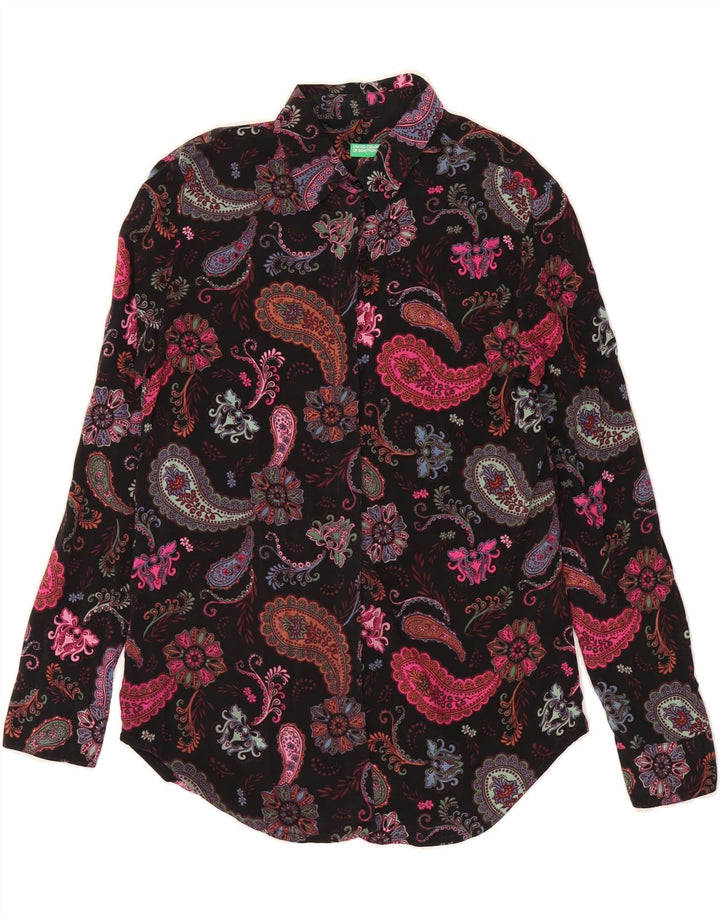 BENETTON Damen-Hemd UK 10 Small Schwarz Paisley Modal